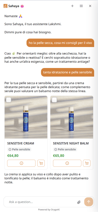 OrygoAI on Lakshmi recommending a cream for dry, sensitive skin