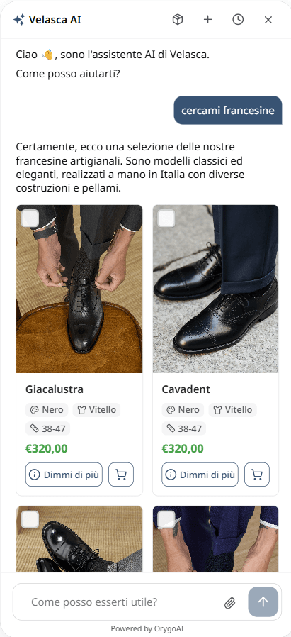 OrygoAI on Velasca recommending handmade Oxford shoes