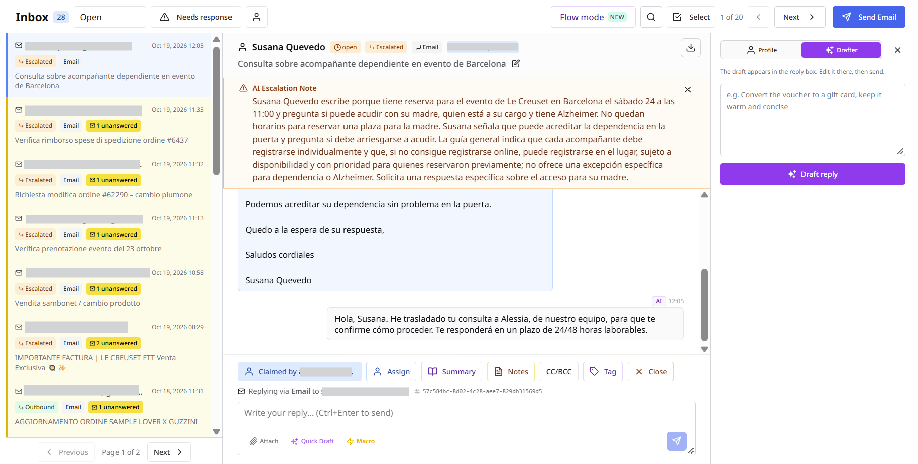 Helpdesk inbox with the conversation list, an escalated email, and the AI reply drafter